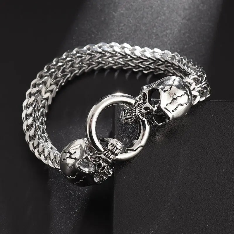 Men's Silver Dual Skull Chain Bracelet - primary lifestyle photo