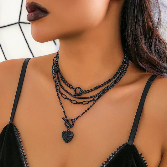 Women's Black Layered Heart Pendant Necklace - primary photo, shown with a person