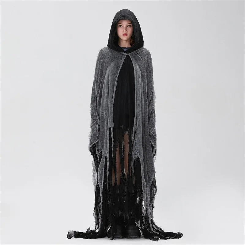 Women's Ripped Hooded Cape Black - front studio view (1 of 6)