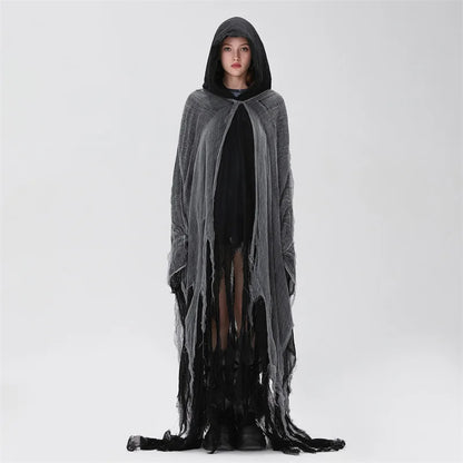 Women's Ripped Hooded Cape Black - front studio view (1 of 6)