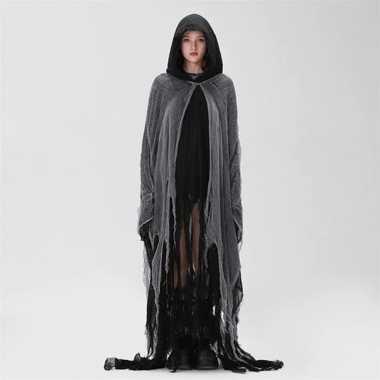Women's Ripped Hooded Cape Black - front studio view (1 of 6)