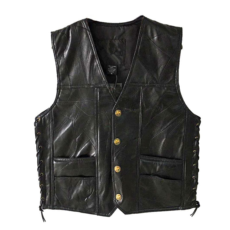 Men's Black Patchwork Faux Leather Vest - front studio view