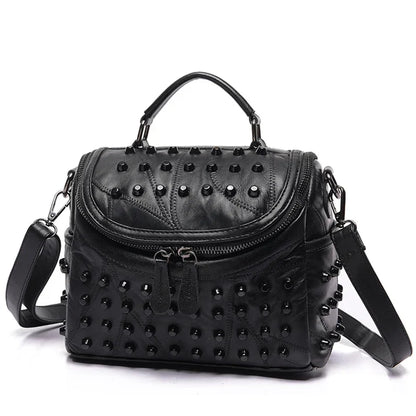 Women's Black Studded Genuine Leather Shoulder Bag - front studio view (1 of 2)