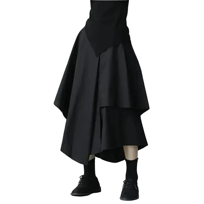 Women's Black Layered Asymmetric Midi Skirt - front studio view (1 of 2)
