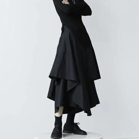 Black Layered Asymmetric Midi Skirt