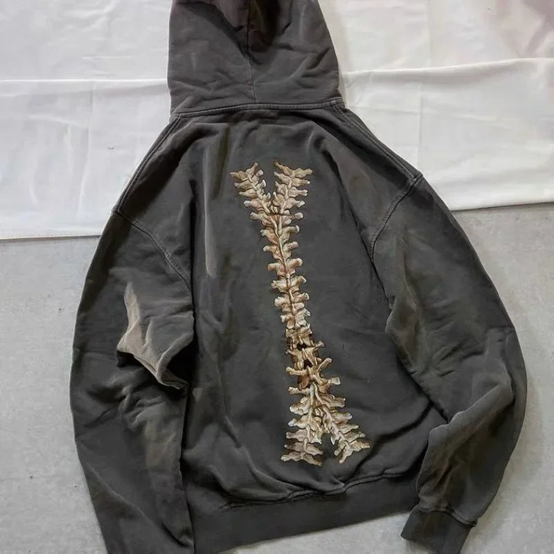 Gray Acid Wash Skeleton Zip Hoodie