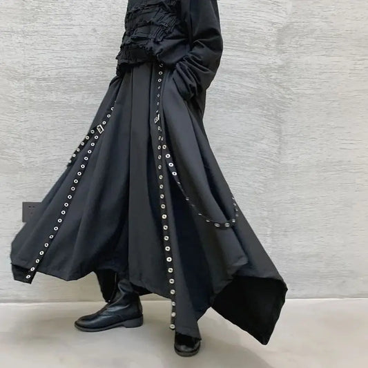 Men's Black Grommet Strap Wide Harem Pants - front studio view (1 of 3)