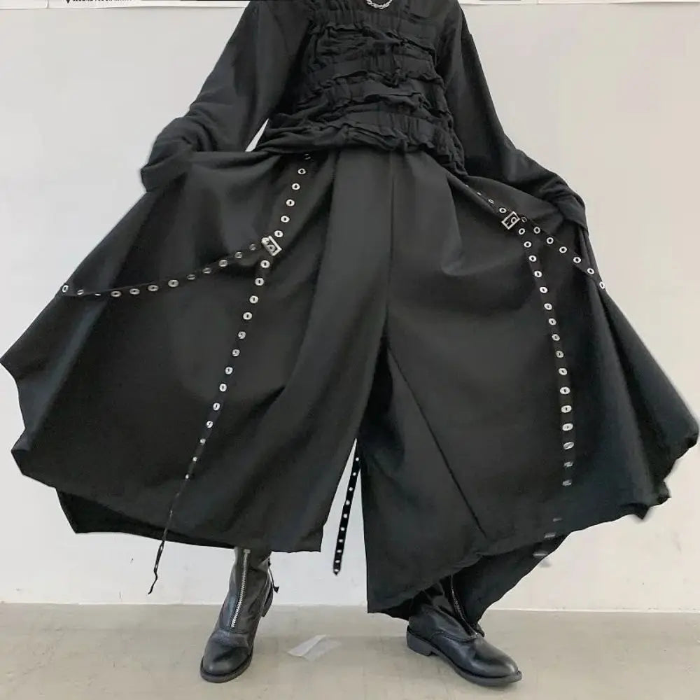 Black Grommet Strap Wide Harem Pants