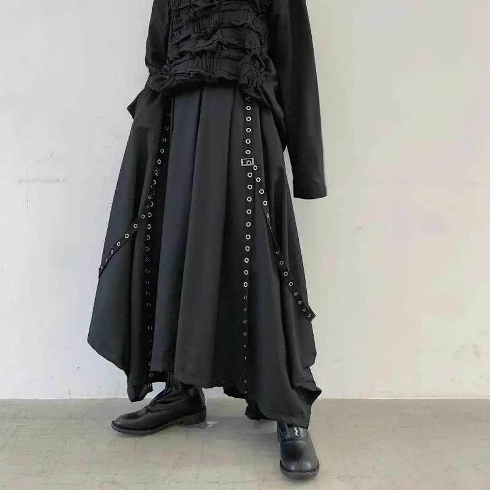 Black Grommet Strap Wide Harem Pants