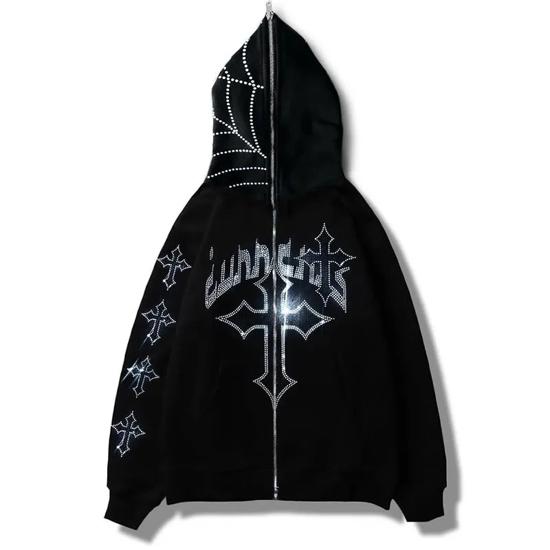 Men's Black Rhinestone Cross Zip Hoodie - front studio view