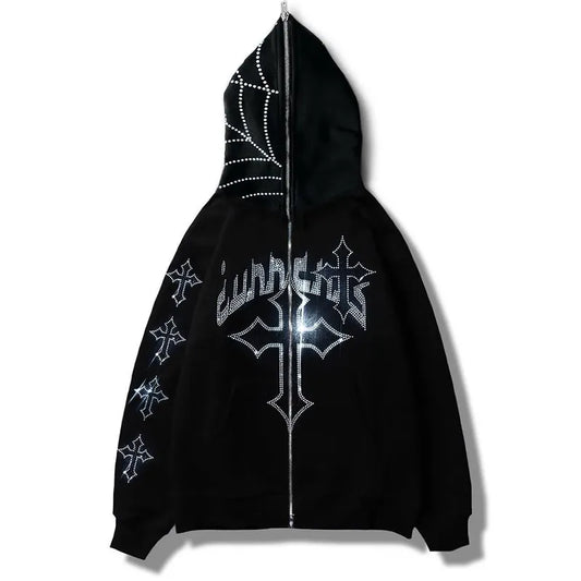 Men's Black Rhinestone Cross Zip Hoodie - front studio view