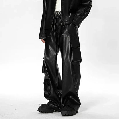 Men's Black Faux Leather Wide-Leg Cargo Pants - primary lifestyle photo (1 of 3)