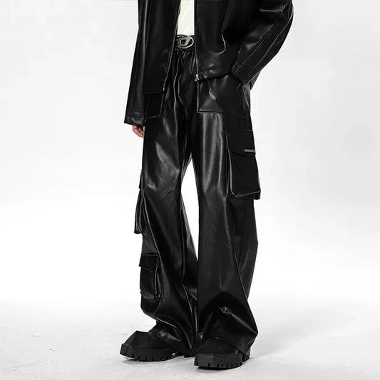 Men's Black Faux Leather Wide-Leg Cargo Pants - primary lifestyle photo (1 of 3)