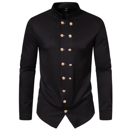 Men's Black Gold-Button Mandarin Collar Shirt - alternate studio view (3 of 3)