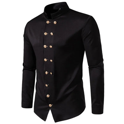 Black Gold-Button Mandarin Collar Shirt