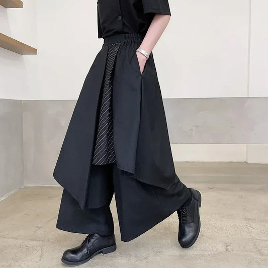 Men's Black Pinstripe Layered Wide-Leg Pants - primary photo, shown with a person (1 of 2)