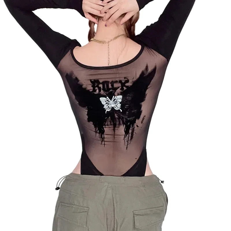 Women's Black Mesh Butterfly-Back Bodysuit - back view on a person (1 of 3)