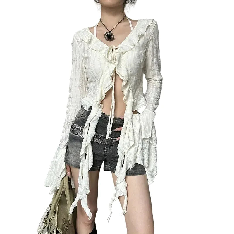 Women's Grey Distressed Ruffle Tie-Front Blouse - alternate view, shown with a person (2 of 2)