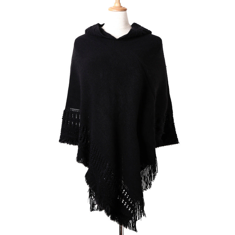 Women's Black Hooded Knit Fringe Poncho - alternate studio view (2 of 4)