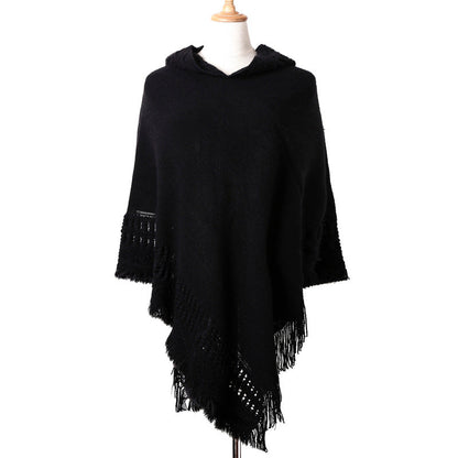 Women's Black Hooded Knit Fringe Poncho - alternate studio view (2 of 4)