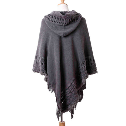 Black Hooded Knit Fringe Poncho