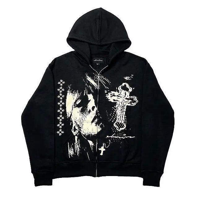 Men's Black Distressed Portrait Zip Hoodie - front studio view