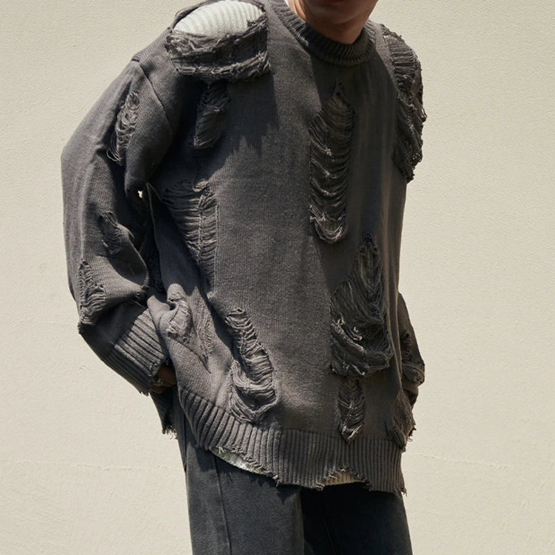 Charcoal Distressed Layered Knit Sweater