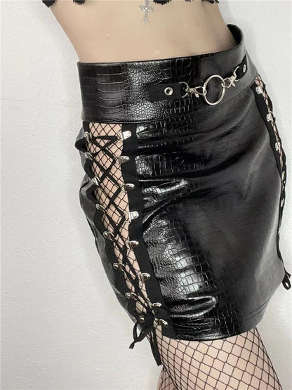 Black Croc Lace-Up Mini Skirt