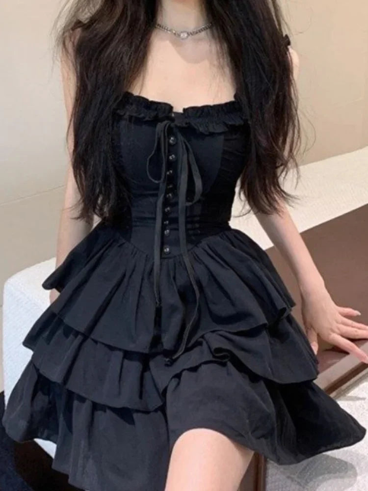 Women's Black Lace-Up Tiered Mini Dress - primary photo, shown with a person