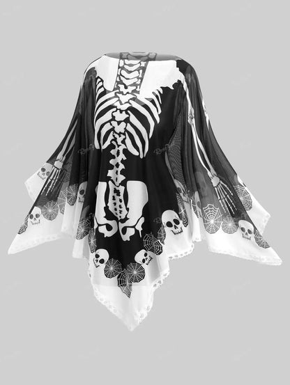 Women's Black Skeleton Print Chiffon Cape - front studio view (1 of 2)