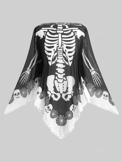 Black Skeleton Print Chiffon Cape