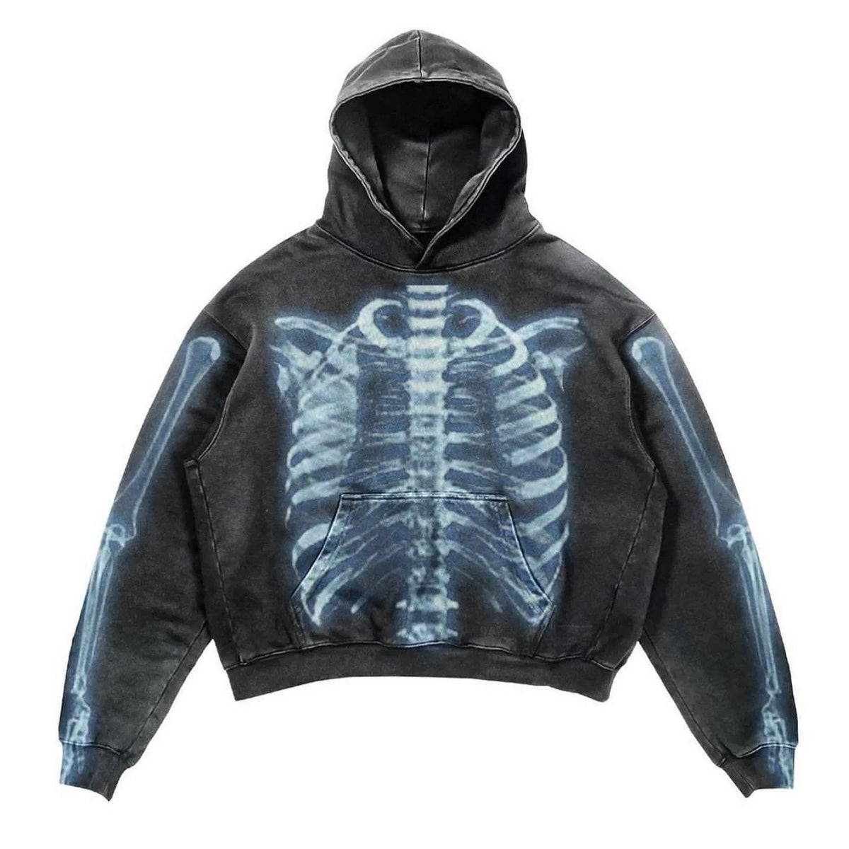 Men's Charcoal Acid Wash X-Ray Skeleton Hoodie - front studio view