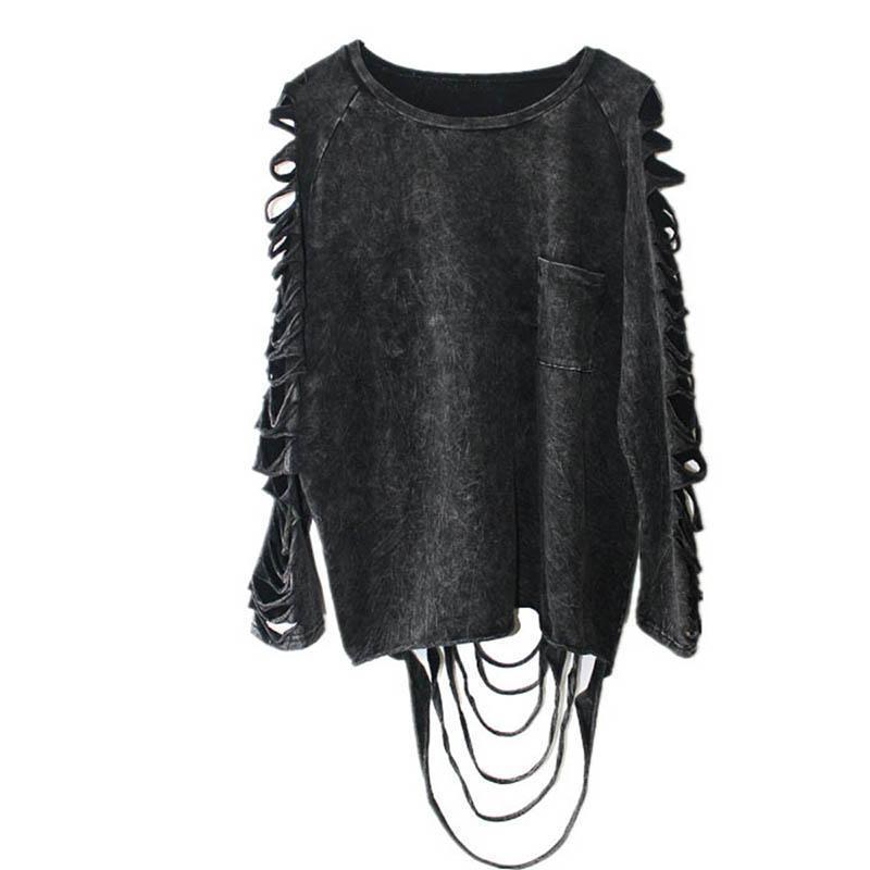 Grey Acid-Wash Shredded Long Sleeve Top