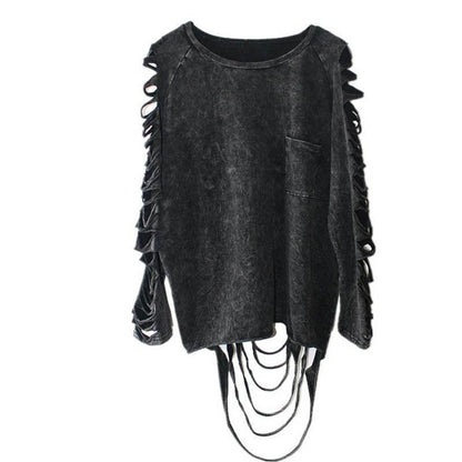 Grey Acid-Wash Shredded Long Sleeve Top