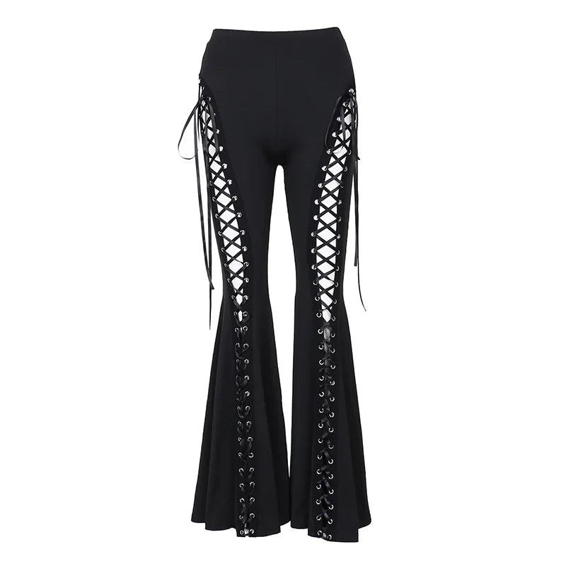 Gothic Bandage Cut Out Pants Black Clothes for Women Cyber Punk Lace Up High Waist Flare Pants Dark Academia - Creepy Goth