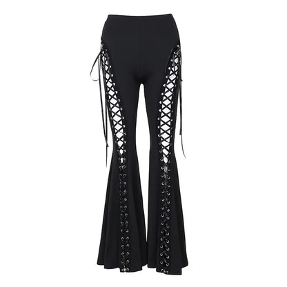 Gothic Bandage Cut Out Pants Black Clothes for Women Cyber Punk Lace Up High Waist Flare Pants Dark Academia - Creepy Goth