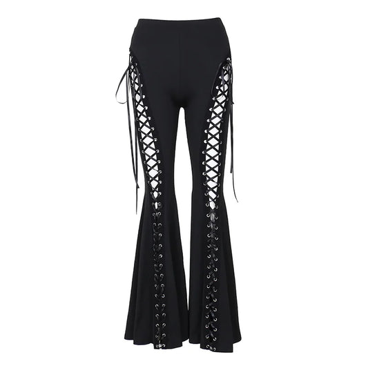 Gothic Bandage Cut Out Pants Black Clothes for Women Cyber Punk Lace Up High Waist Flare Pants Dark Academia - Creepy Goth