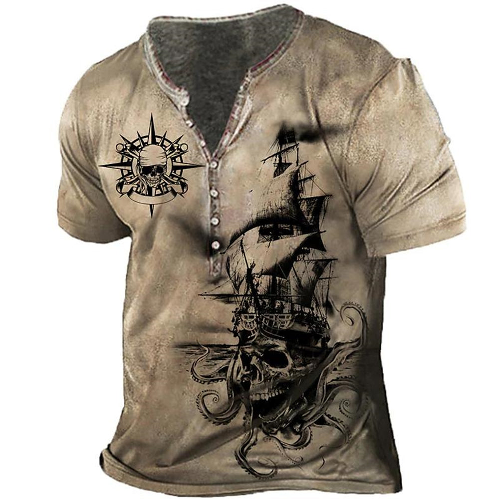 Men's Tan Distressed Pirate Skull Henley - alternate view, shown with a person (5 of 5)