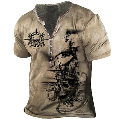 Men's Tan Distressed Pirate Skull Henley - alternate view, shown with a person (5 of 5)