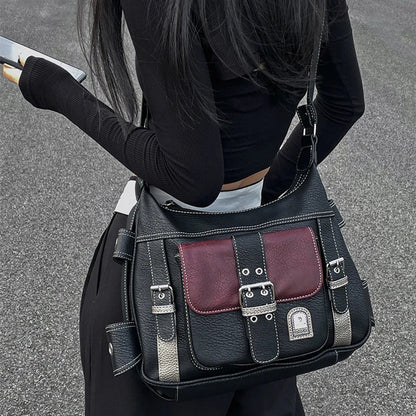 Women's Black Burgundy Buckle Utility Bag - primary photo, shown with a person (1 of 3)