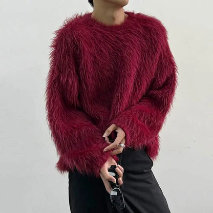 Black Red Shaggy Crewneck Sweater