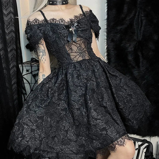 Women's Black Jacquard Off-Shoulder Mini Dress - primary photo, shown with a person (1 of 3)