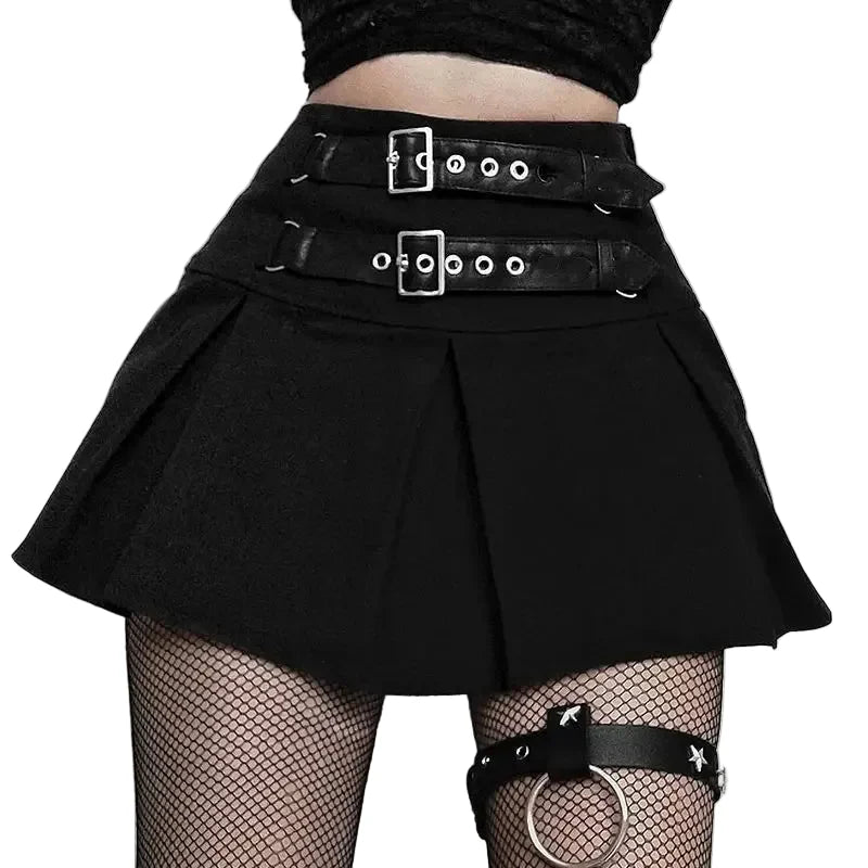 Women's Black Pleated Double-Buckle Mini Skirt - primary photo, shown with a person (1 of 3)
