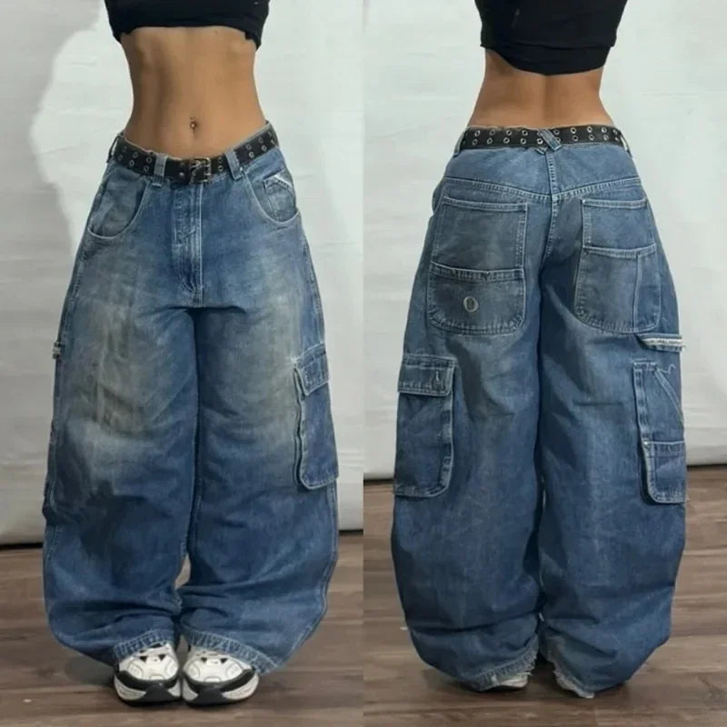 American New Fashion Oversized Pattern Printed Washed Jeans Men Y2K Gothic Rock Popular Casual Joker High Waist Wide Leg Pants - Creepy Goth