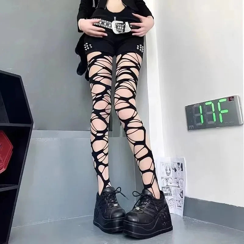 Sexy Black Ripped Fishnet Tights Women Gothic Punk Hollow Out Tight Mesh Pantyhose Stockings Leggings Emo Style Egirl Streetwear - Creepy Goth
