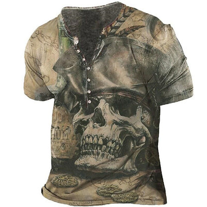 Men's Tan Distressed Pirate Skull Henley - alternate view, shown with a person (4 of 5)