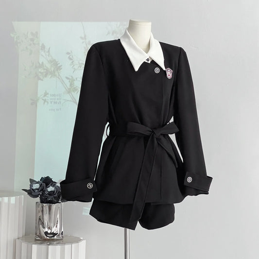 Black White-Collar and Shorts Set Jacket