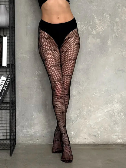 Women Sexy Halloween Black Fishnet Pantyhose Elastic Hollow Mesh Bat Pattern Tights Gothic Punk Wear Hosiery - Creepy Goth