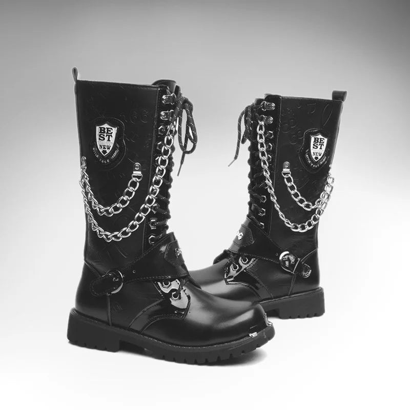 Men Fashion Motorcycle Boots Mid-calf Breathable Combat Boots Gothic Belt Punk Boots Men Shoes Hightop Casual Steel Toe Shoes - Creepy Goth