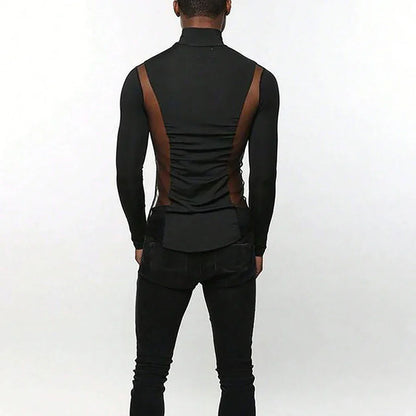 Black Mesh Ruched Mock-Neck Top